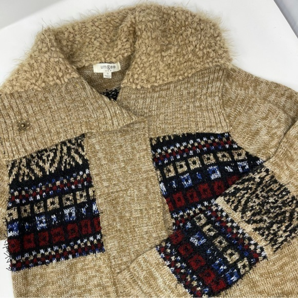 Umgee New Long Cardigan Sweater Tan‎ W/Tribal Block design Cool Collar Sz.Small